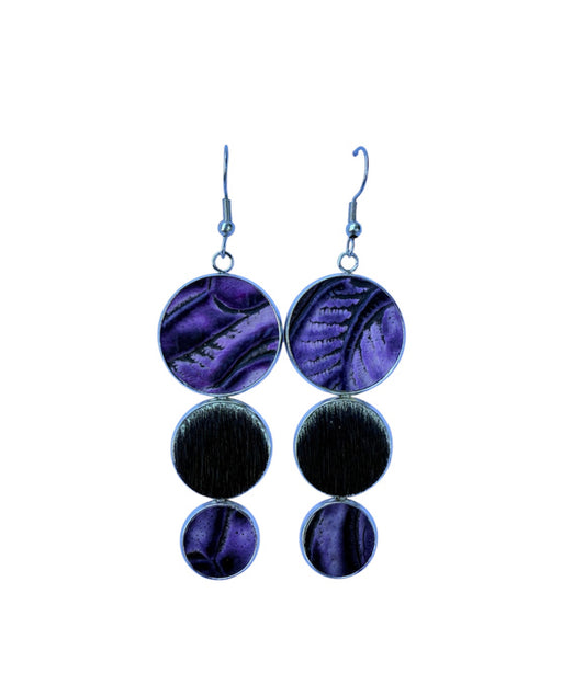J7050B - Real Leather & Cowhide Metal Casing Dangle Earrings