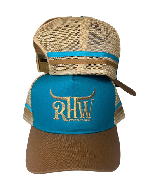 P4152 - RHW Turquoise & Leopard P/Tail Western Trucker Cap