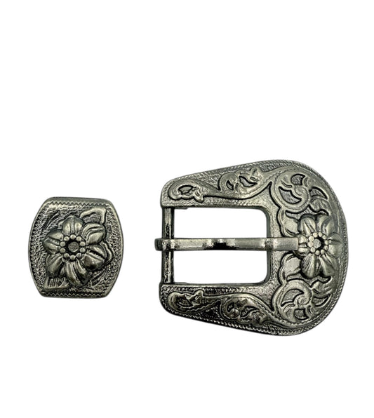 A7379 - Floral Gun Metal Grey Buckle & Keeper