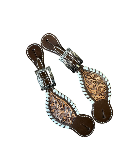 30988 -  Ladies Leather spur strap with tooled leather and rawhide whip stitch edges