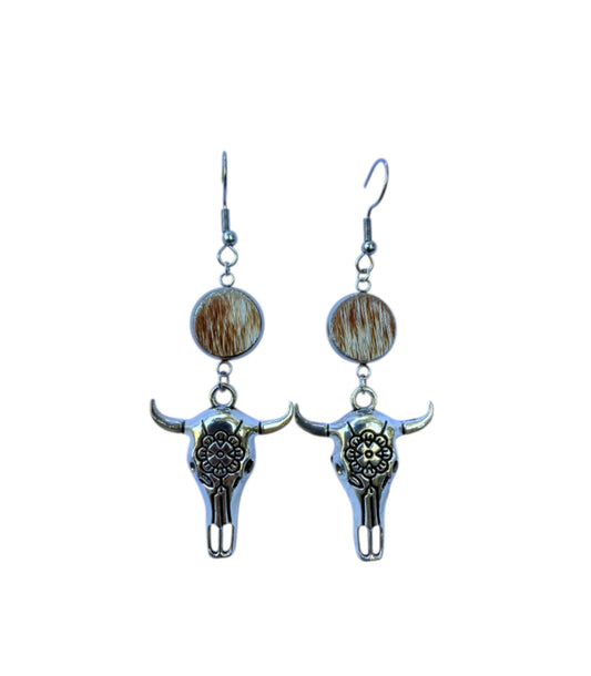 J6682C  - 100% Hair on Hide Earrings with Steer Head