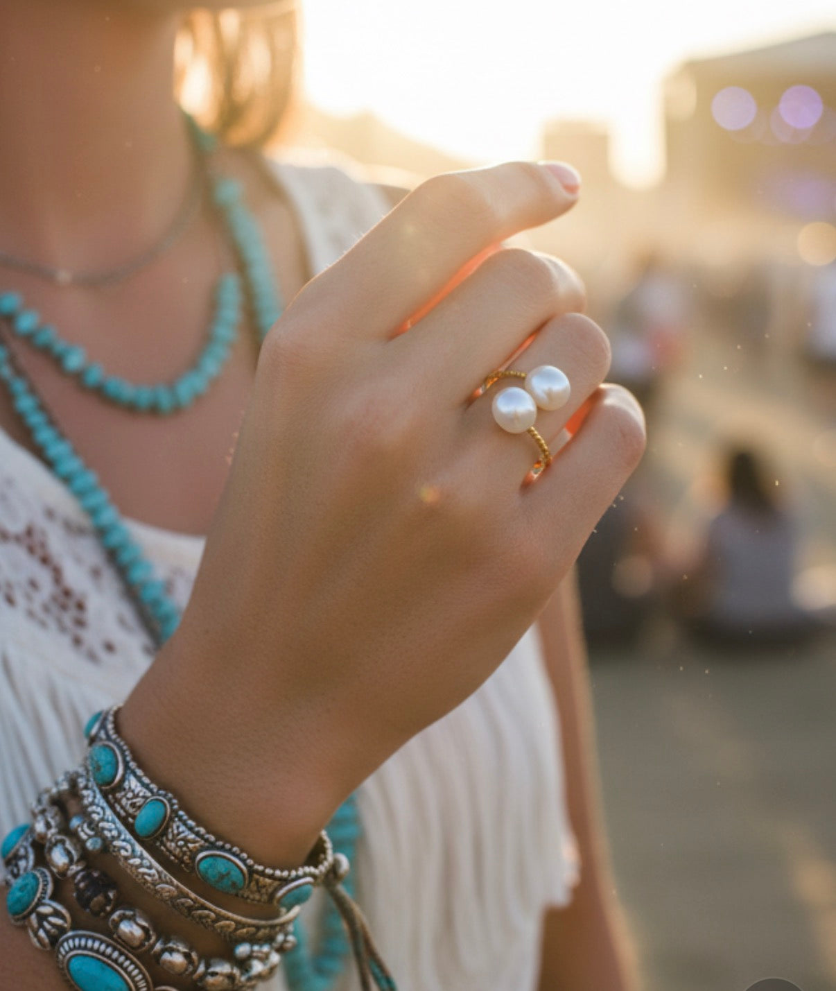 J7120 - 2 Real Pearl Adjustable Ring - Rawhide Western Wear 