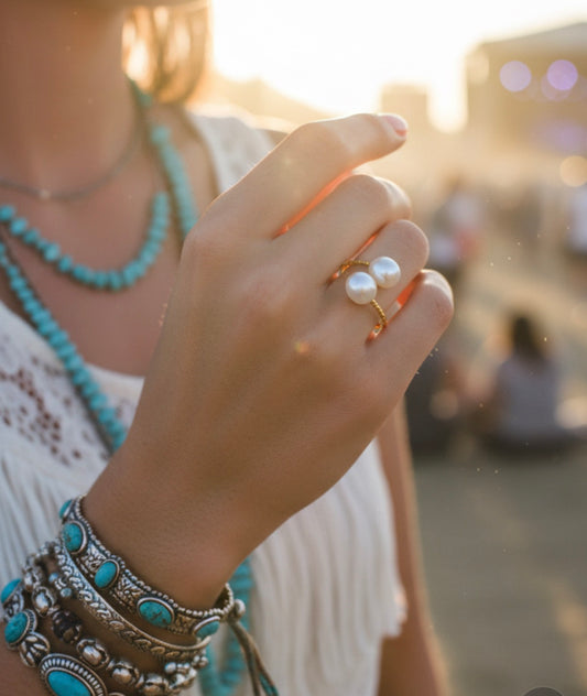 J7120 - 2 Real Pearl Adjustable Ring - Rawhide Western Wear 