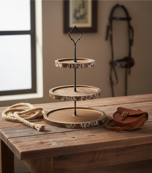 A8907 - Wooden Cupcake/Fruit Stand w Cowhide Trim