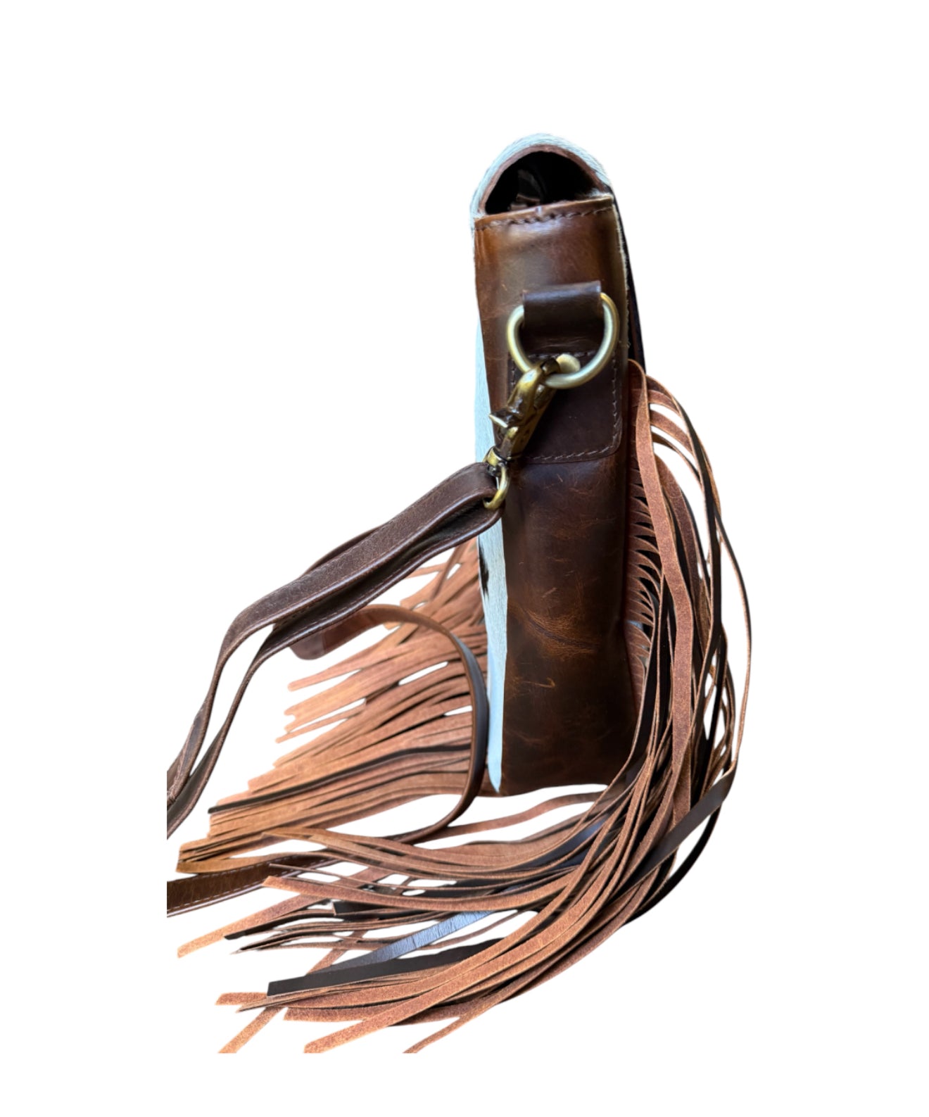 77052 -  Brown and White Cowhide Crossbody Bag with flap and brown suede fringe