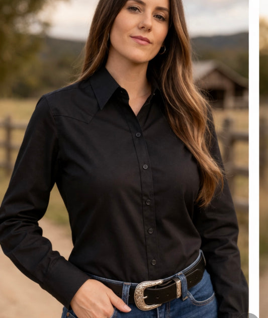 L1355 - Billie Ladies Black Shirt – Fitted Arena Shirt No Pockets Poly Cotton - Rawhide Western Wear 