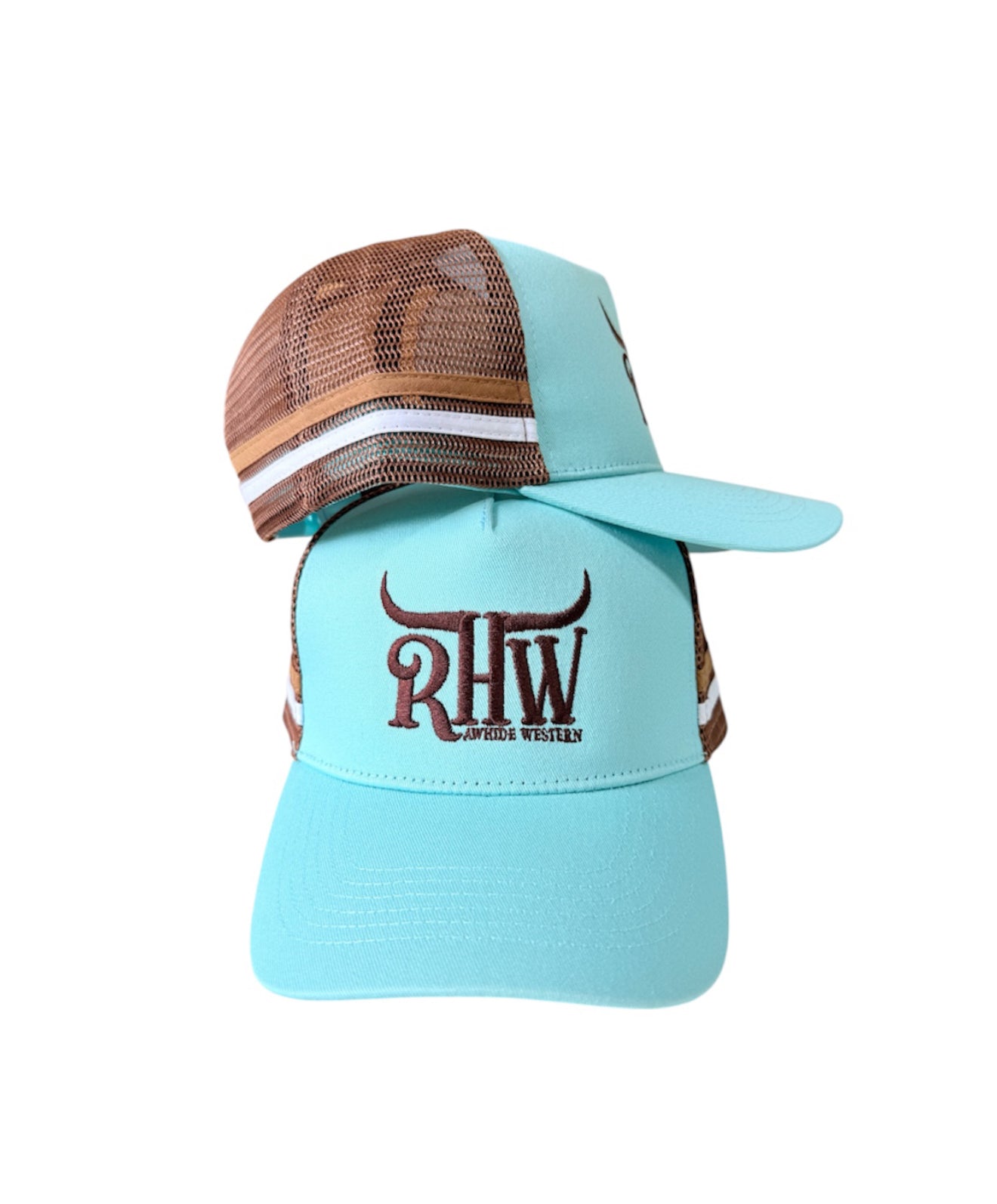 P4244 - RHW Turquoise& Brown P/Tail Trucker Cap - Rawhide Western Wear 
