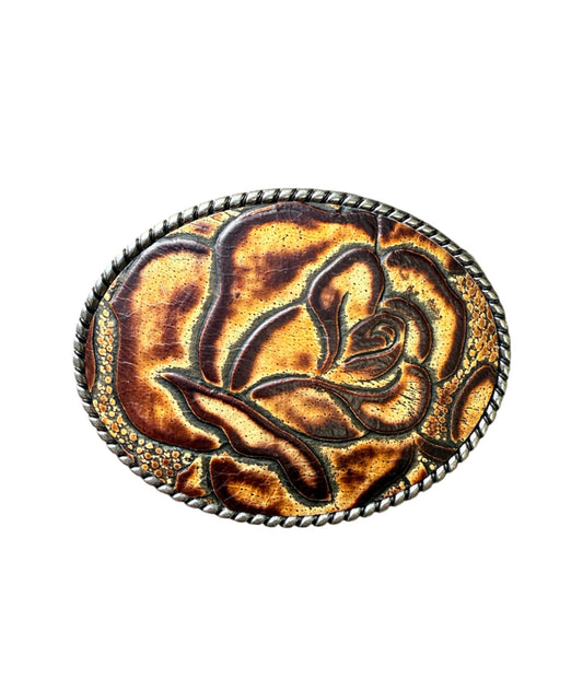 A8872A - Silver Antique Colour Western Buckle w Leather Tooled insert - Rawhide Western Wear 