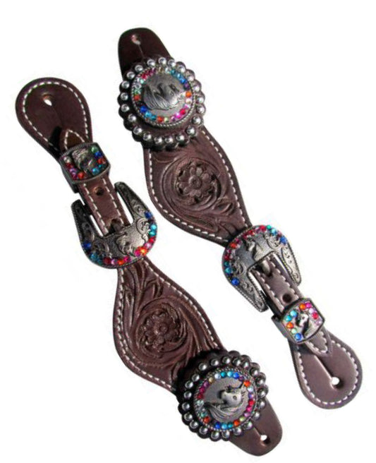 30910 - Youth leather spur straps with floral tooling