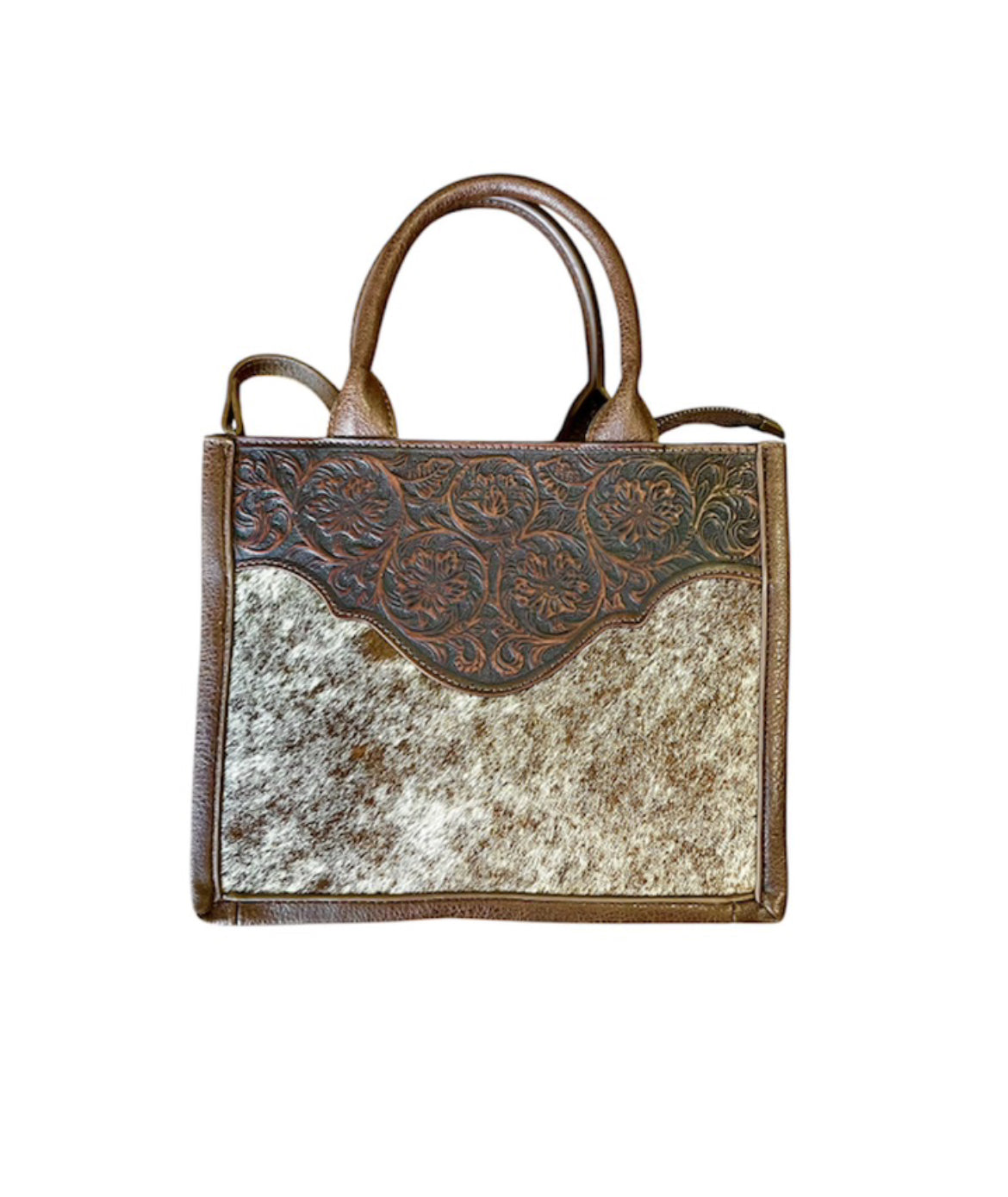 TR178G8899CF - Trinity Ranch Hair On Cowhide Floral Tooled Concealed Carry Tote/Crossbody -Tan