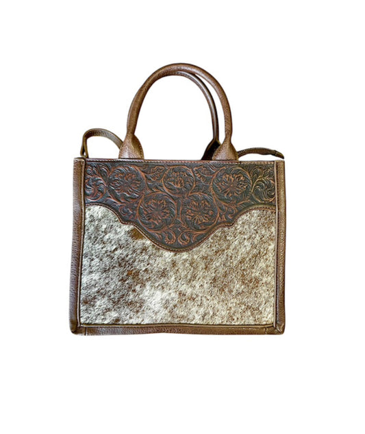 TR178G8899CF - Trinity Ranch Hair On Cowhide Floral Tooled Concealed Carry Tote/Crossbody -Tan