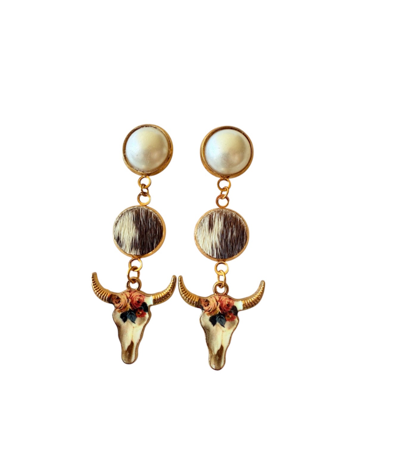 J7093A - Pearl Stud 100% Hair on Hide Earrings - Rawhide Western Wear 