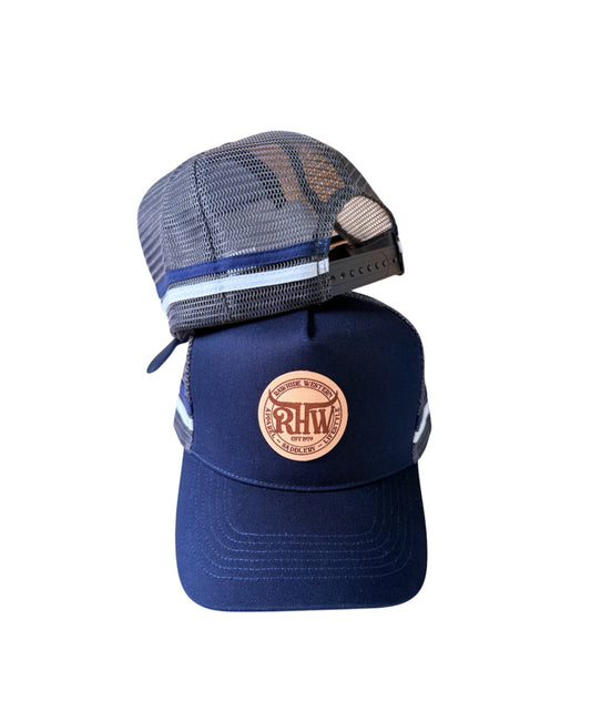 P4247 - Rawhide Navy Blue & Charcoal Leather Patch Country Trucker Cap