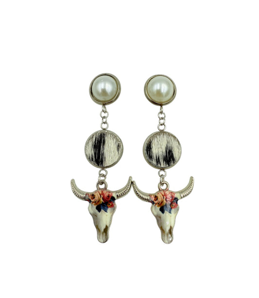 J7088B - Pearl Stud 100% Hair on Hide Earrings