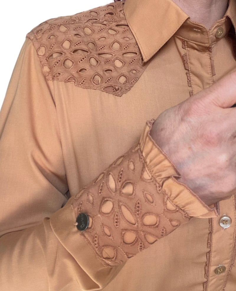 L1461- Jess Ladies Tan Western Shirt with Broderie Contrast