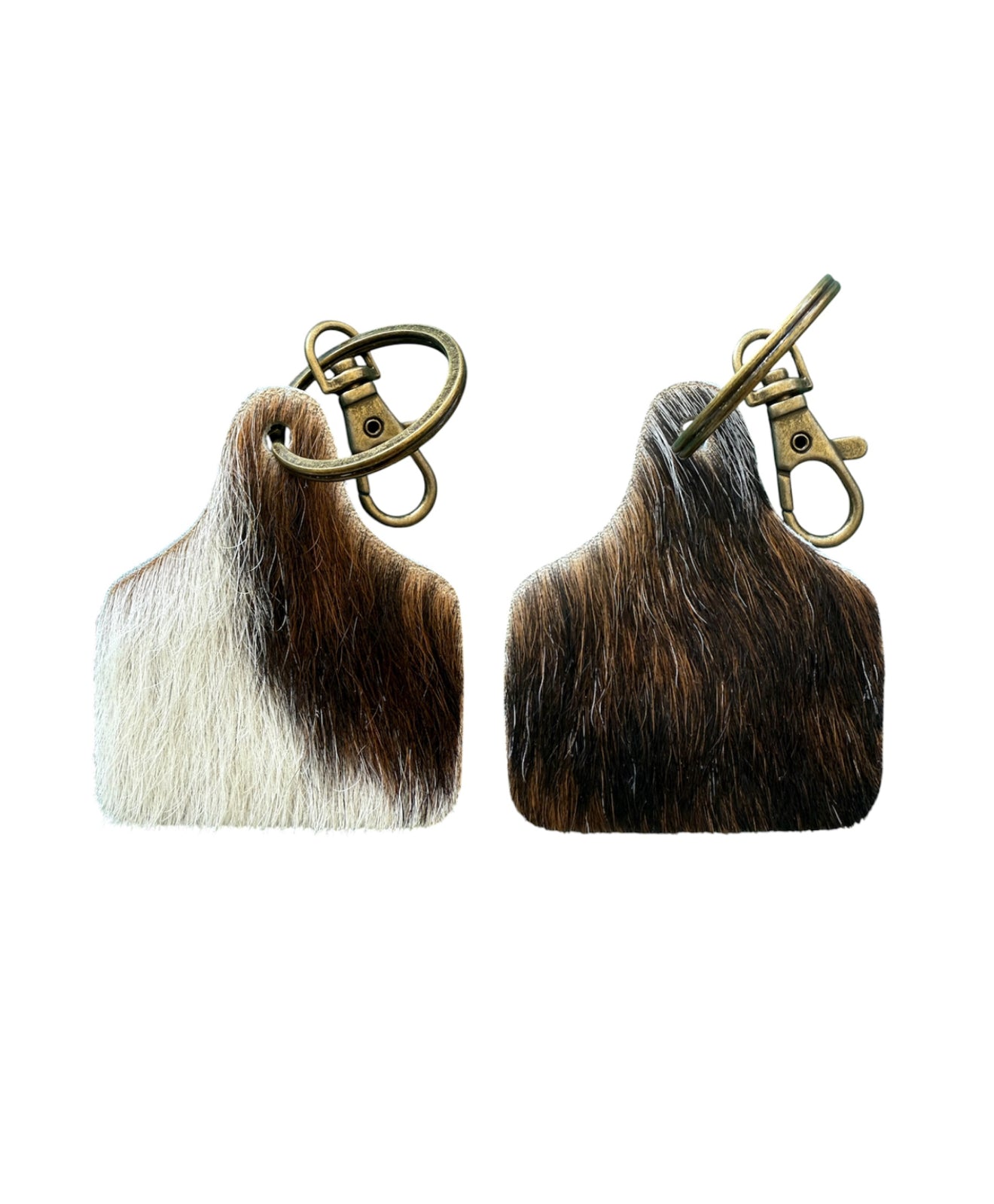 A8739 - Double Sided 100% Hair On Hide Leather Cattle Ear Tag Keychain - Rawhide Western Wear 