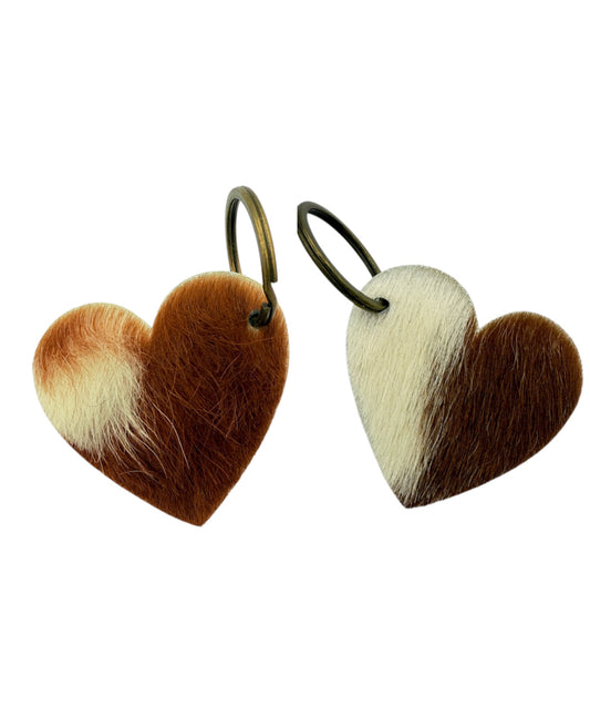 A8754 - Double Sided 100% Hair On Hide Leather Heart Tag Keychain - Rawhide Western Wear 