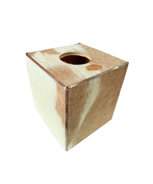 A8986 - Wooden Tissue Holder w Cowhide & Kangaroo Leather - Rawhide Western Wear 