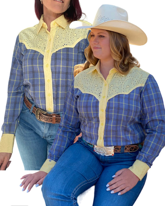 L1462- Jela Ladies Check Western Shirt with Broderie Contrast