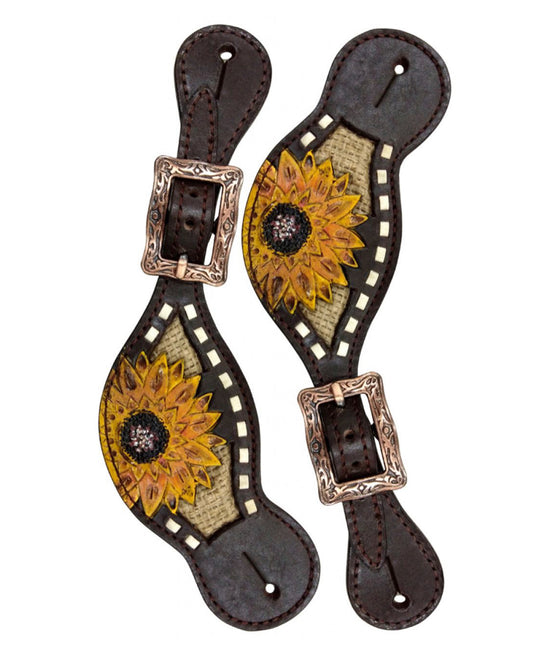30963 - Ladies spur straps with painted sunflower with burlap inlay