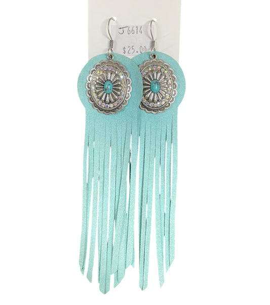 J6614 - Concho Stone with Leather Tassel Dangle Earrings