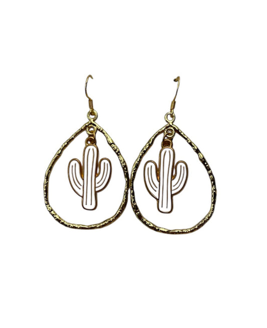 J7011A - Gold Colour Dangle Earrings with Cactus