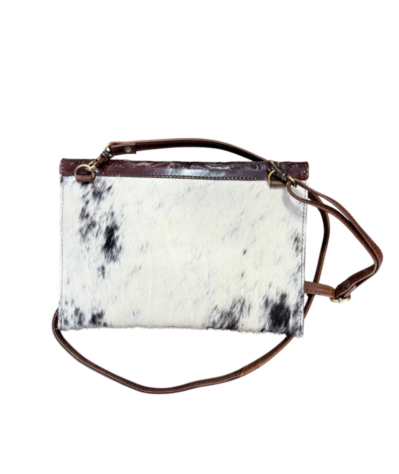 77051A -  Dark Leather Crossbody Bag with Black and White hair on cowhide