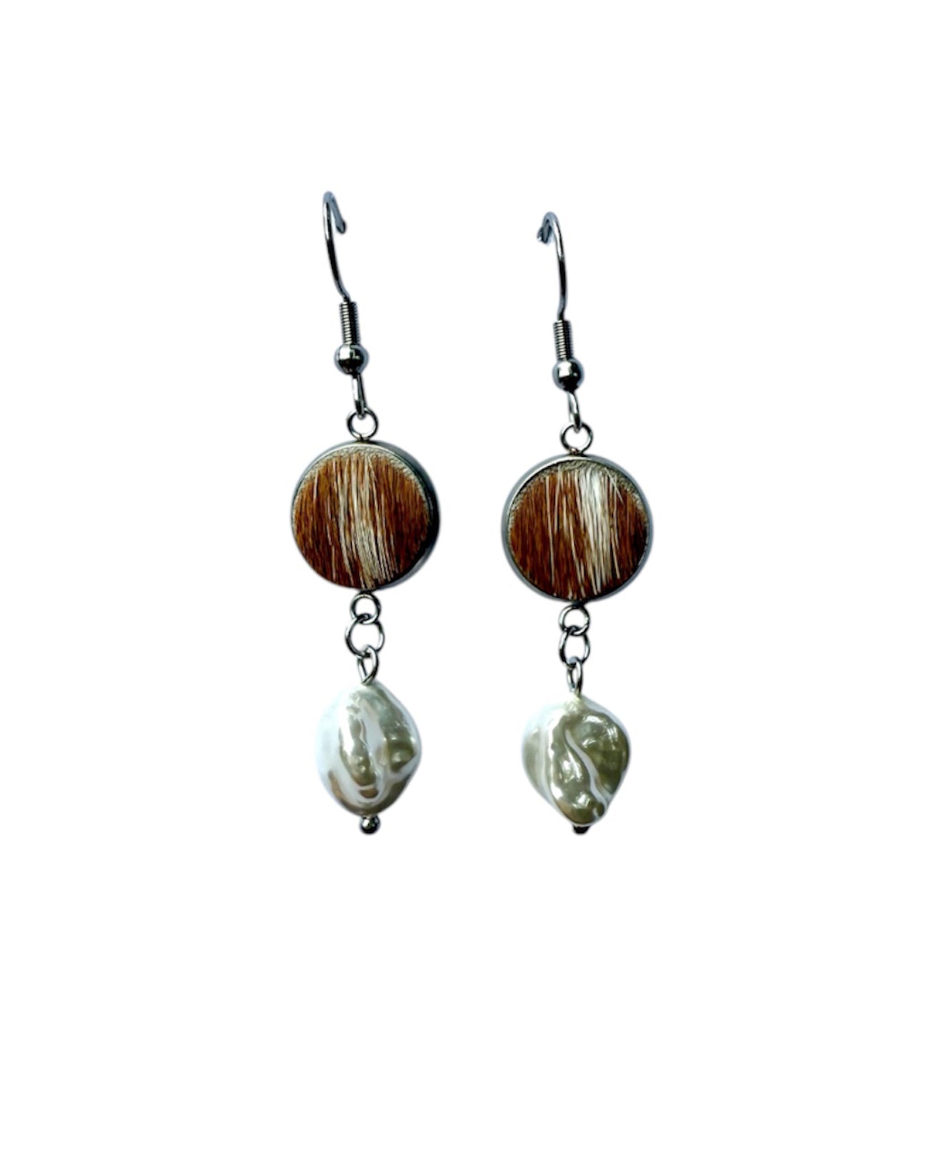 J6672A - 100% Hair on Hide Earrings with Pearl Drop