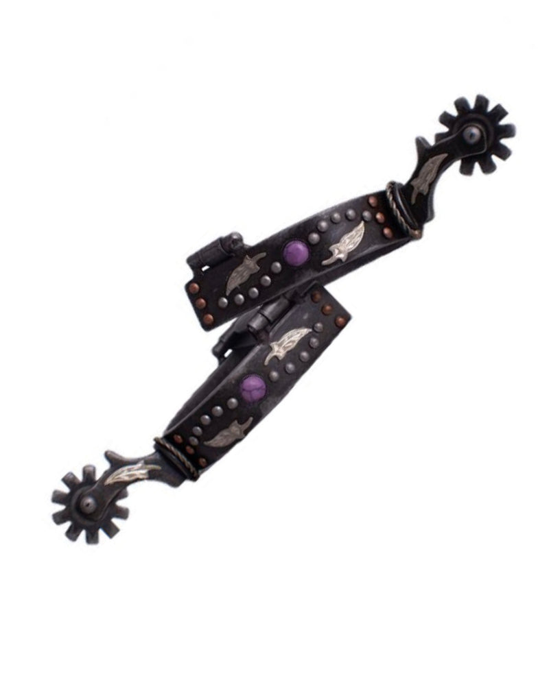 2590101L - Ladies Antique gray steel spur with purple marble studs and silver and copper studs