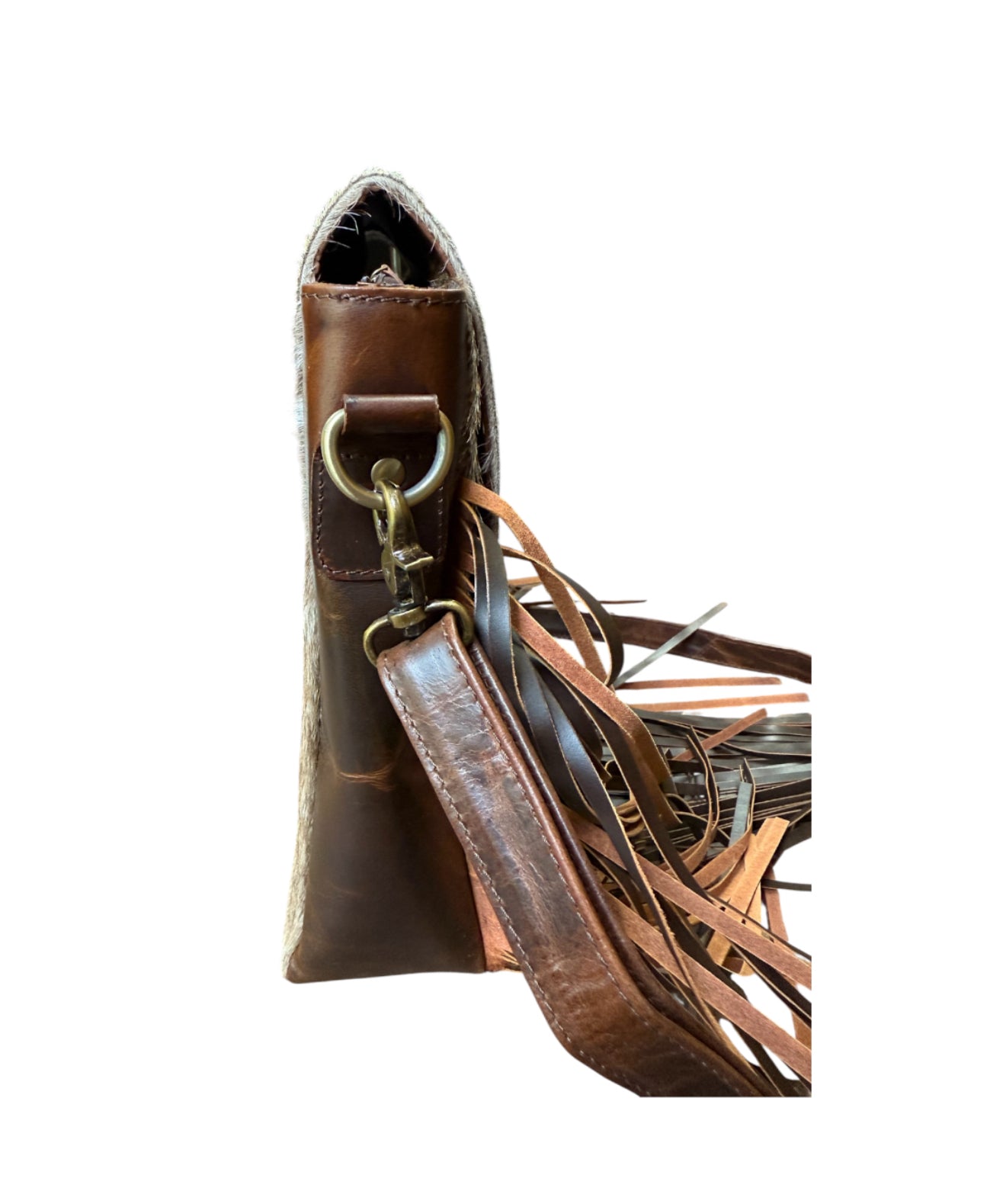 77052A -  Brown and White Cowhide Crossbody Bag with flap and brown suede fringe