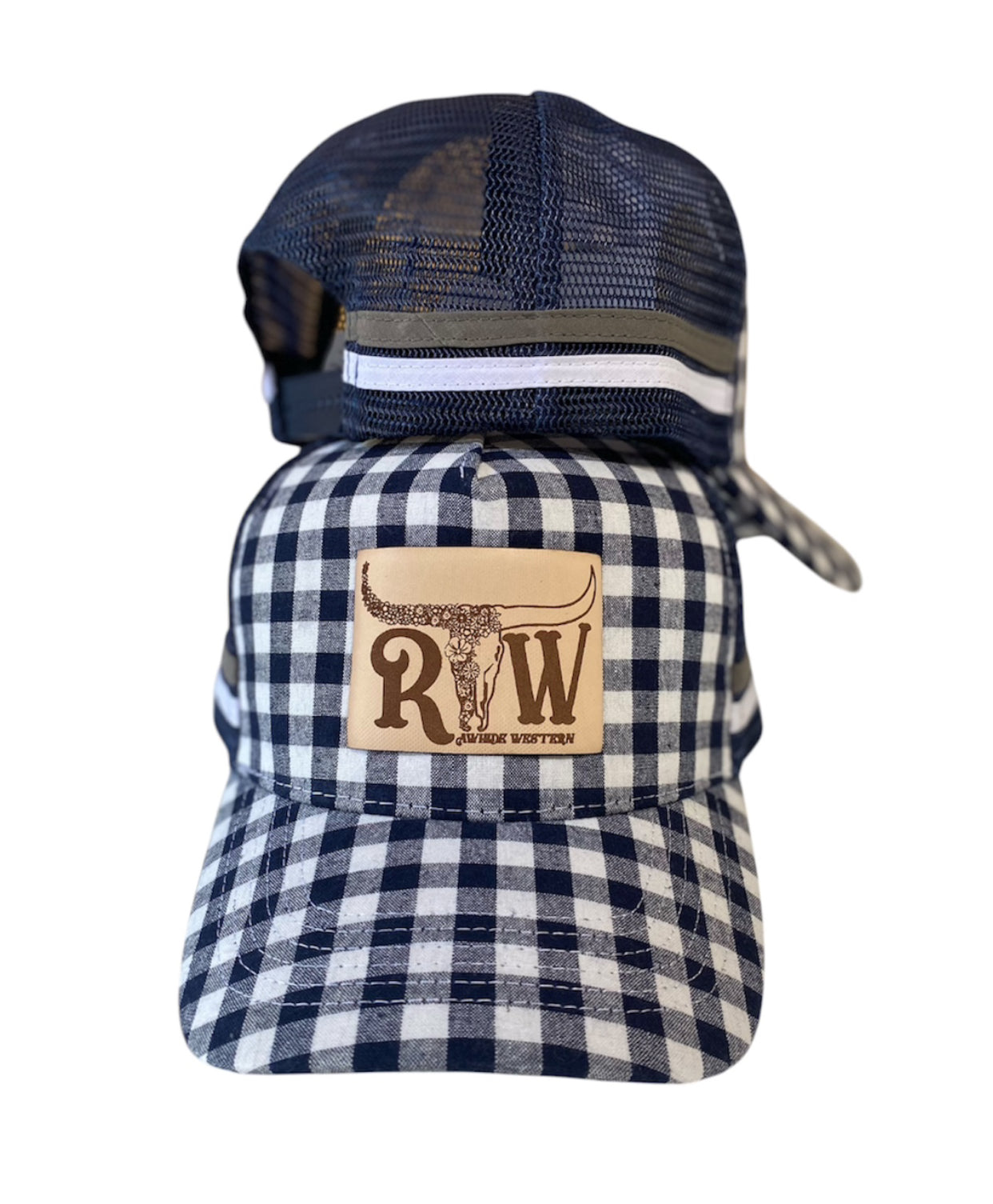 P4117 - Rawhide Navy Gingham Leather Patch Country Trucker Cap