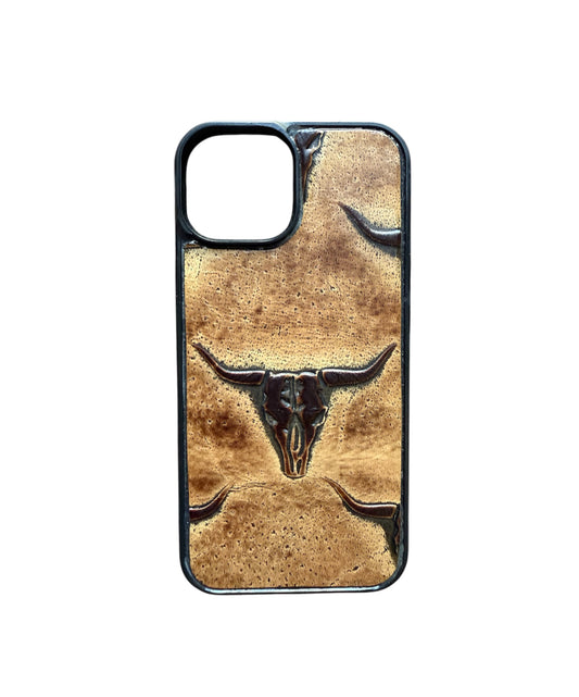 A8596 - IPhone 15 Tooled Leather w Rubber Case - Rawhide Western Wear 