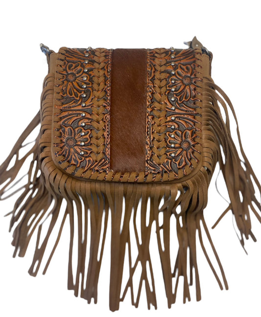 RLCL168BR - Montana West Genuine Leather Tooled Collection Fringe Crossbody