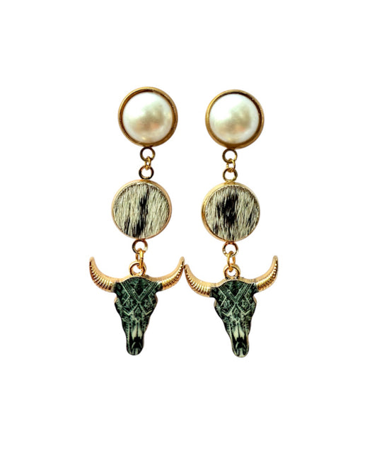 J7093B - Pearl Stud 100% Hair on Hide Earrings - Rawhide Western Wear 