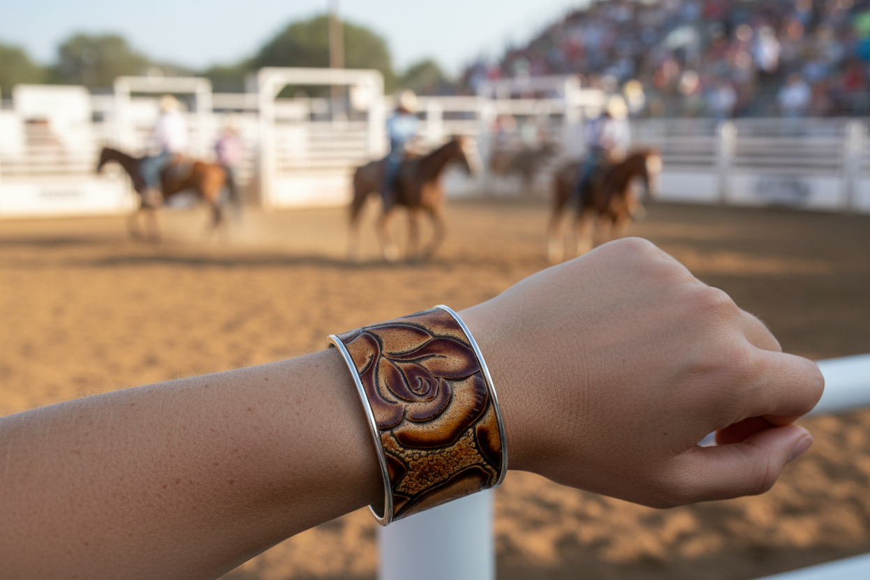 J6879 - 3/4 Bangle w Tooled Leather Bezel