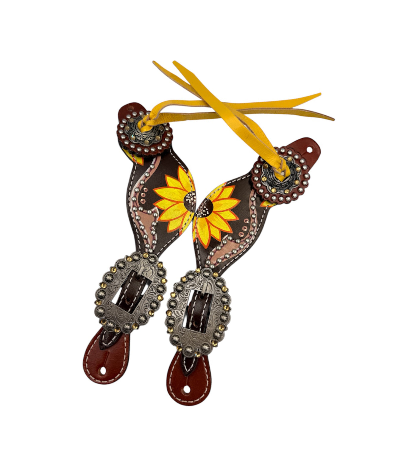 30930 - Ladies Hand Painted Sunflower spur straps with Leather Tassles