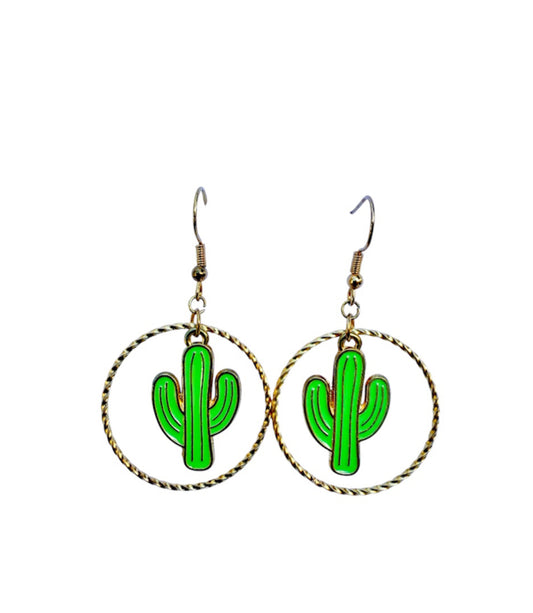 J7011B - Gold Colour Dangle Earrings with Cactus