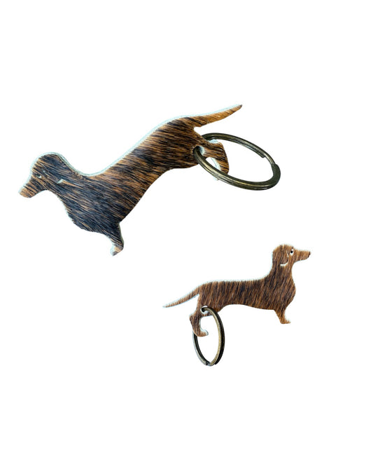A8743 - Double Sided 100% Hair On Hide Leather Dashshund Tag Keychain