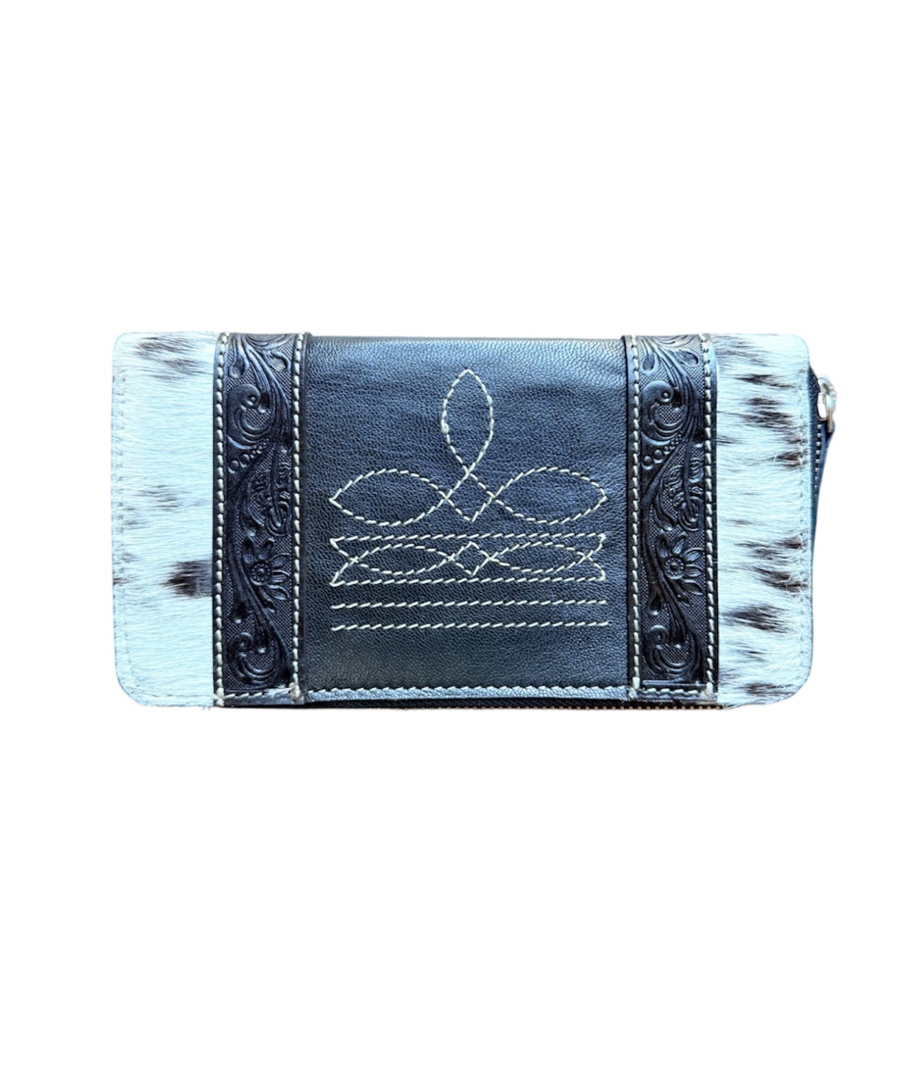 AW32BK - Cowhide & Tooling Leather Boot Stitch Zippered Wallet