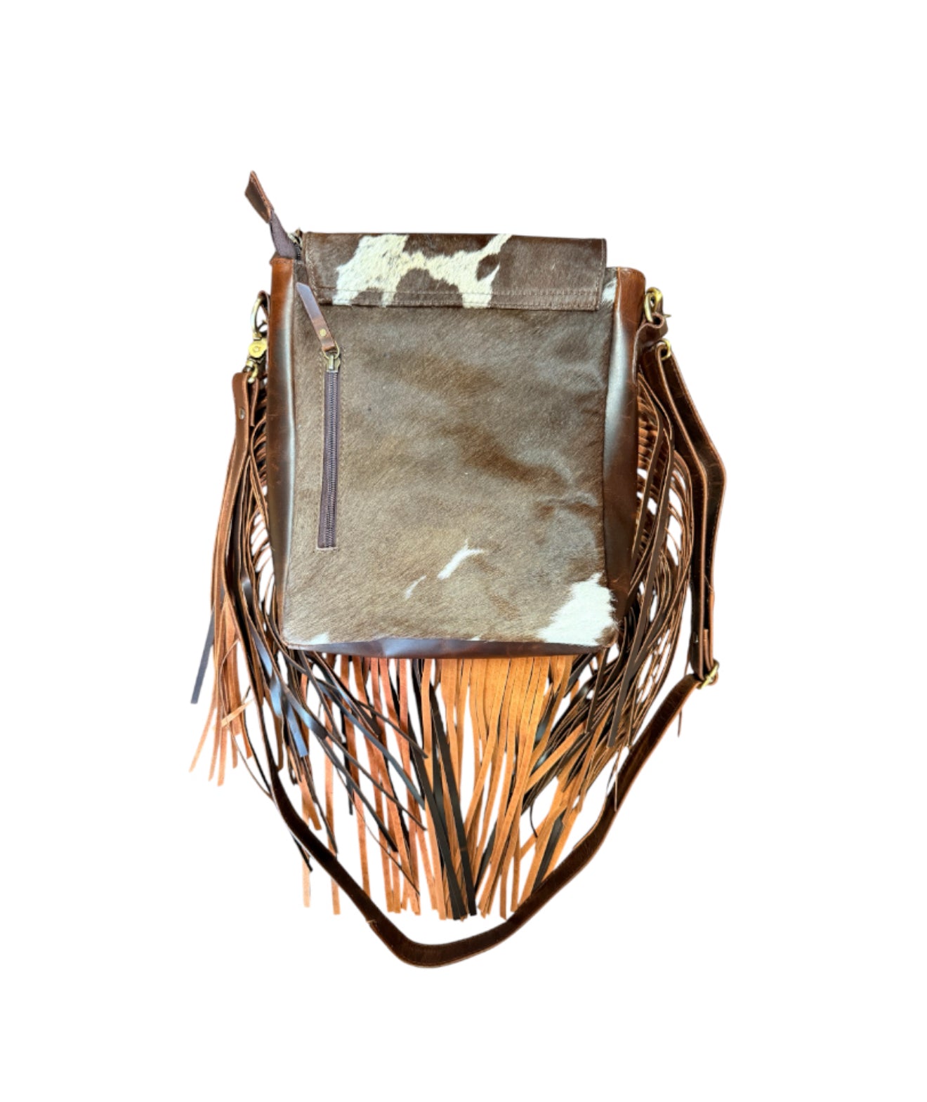 77052B -  Brown and White Cowhide Crossbody Bag with flap and brown suede fringe