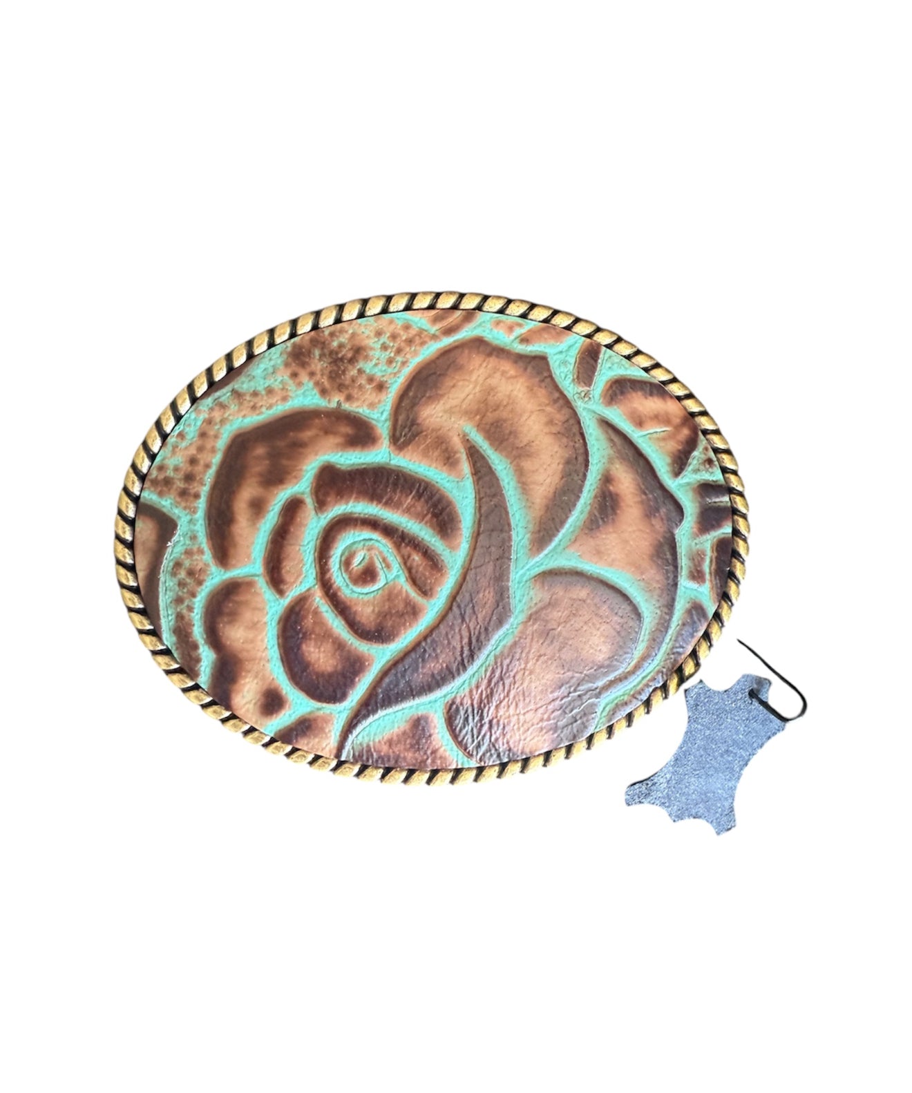 A8871 - Bronze Antique Colour Western Buckle w Leather Tooled insert - Rawhide Western Wear 
