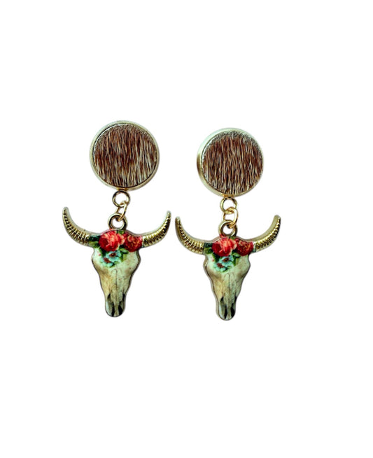 J6985E - 100% Hair on Hide Stud Dangle Earrings