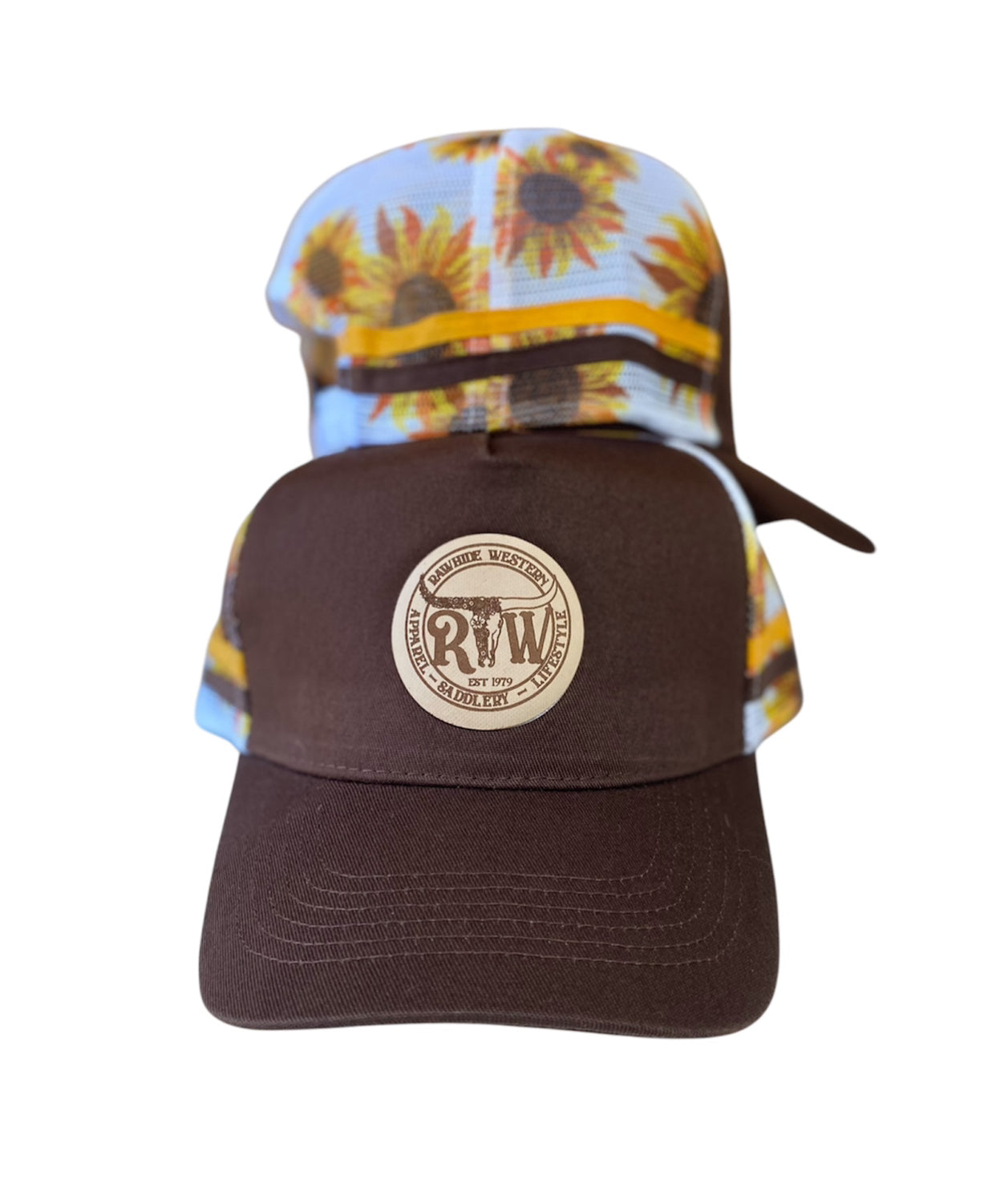 P4196 - Rawhide Lifestyle Sunflower  Leather Patch Country Trucker Cap