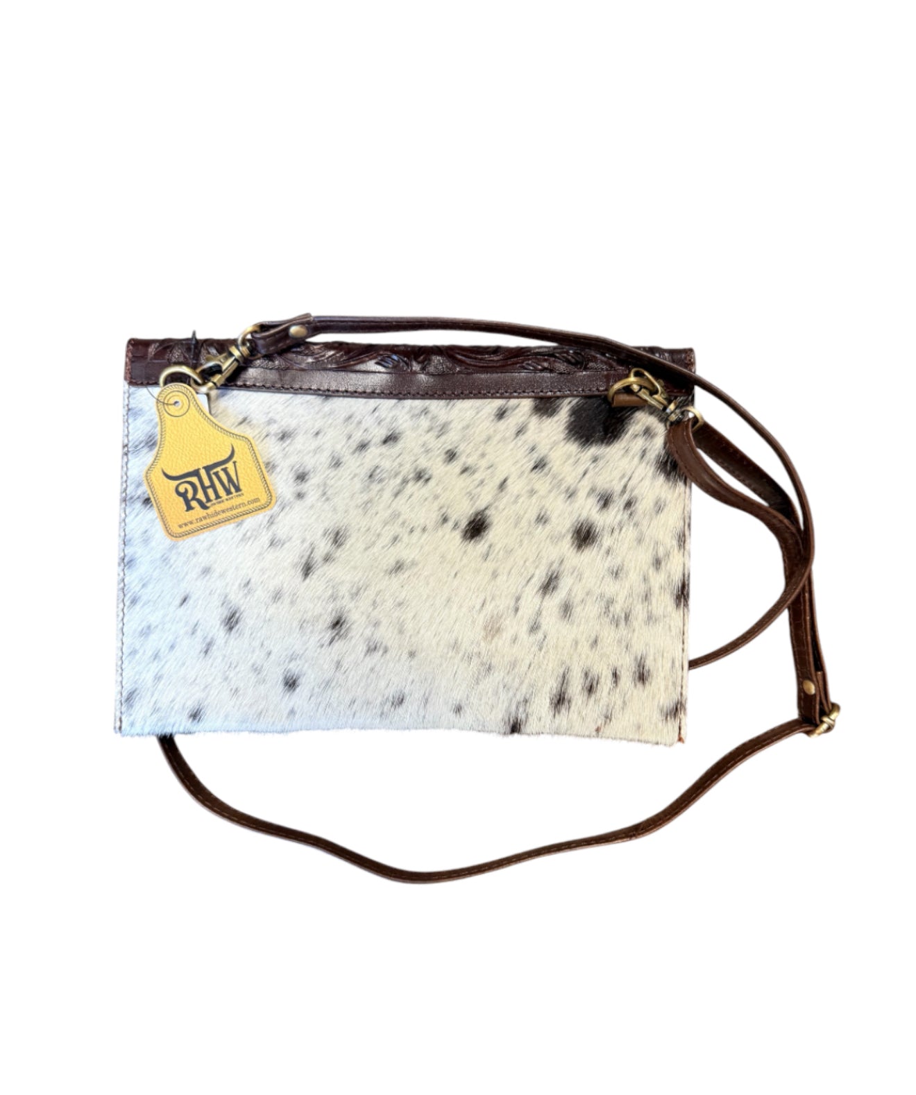 77051B - Dark Leather Crossbody Bag with Black and White hair on cowhide