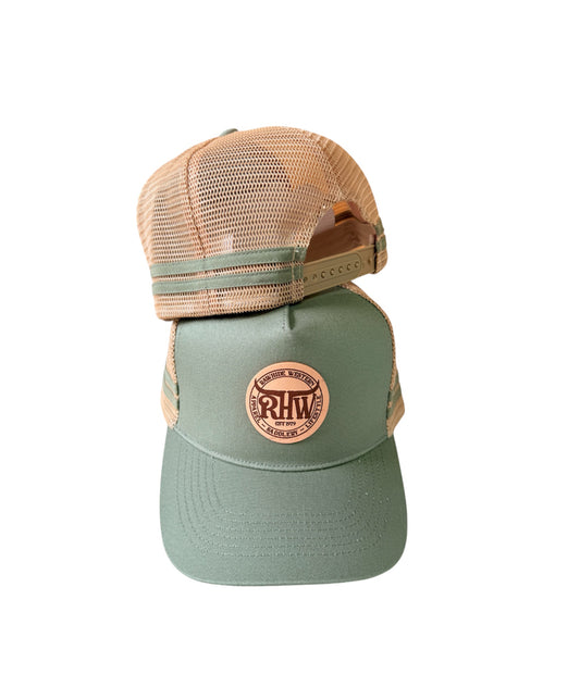 P4249 - Rawhide  Olive & Tan colour Leather Patch Country Trucker Cap