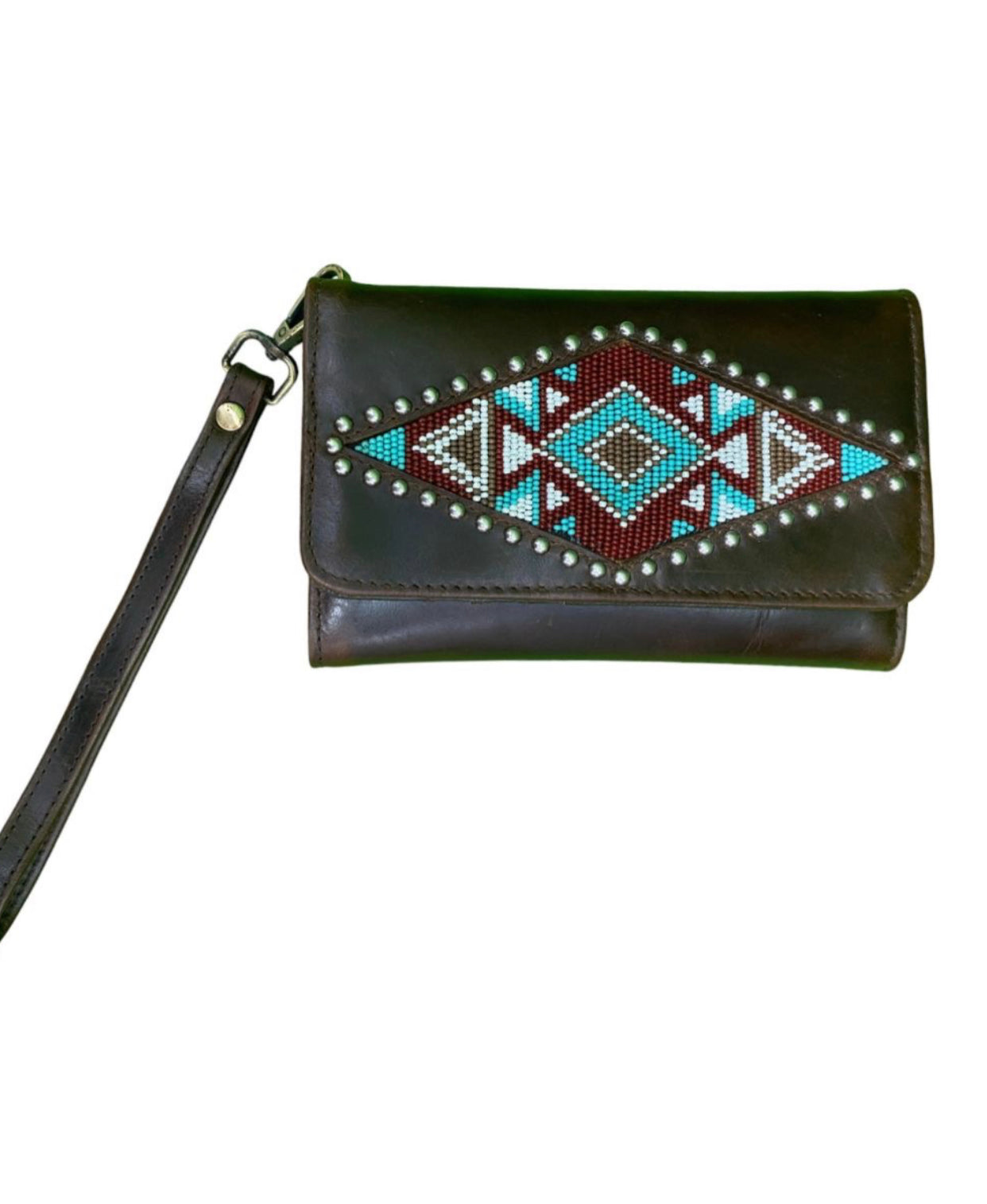 78204 - Klassy Cowgirl Leather Clutch Phone Wallet - Aztec Beaded