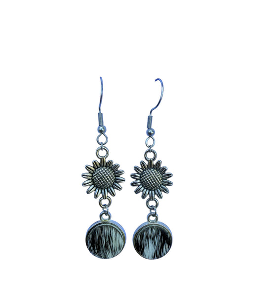 J7053A - 100% Hair on Hide Earrings with Sunflower