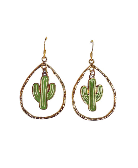 J7011 - Gold Colour Dangle Earrings with Cactus