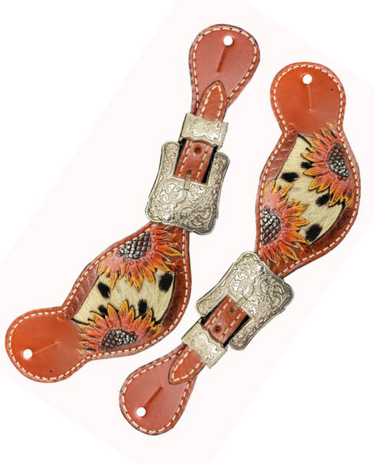 30992 - Ladies spur straps with painted sunflower and hair on cowhide inlay