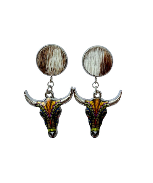 J6985C - 100% Hair on Hide Stud Dangle Earrings - Rawhide Western Wear 